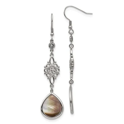 Stainless Steel Black Mother of Pearl Long Dangle Earrings