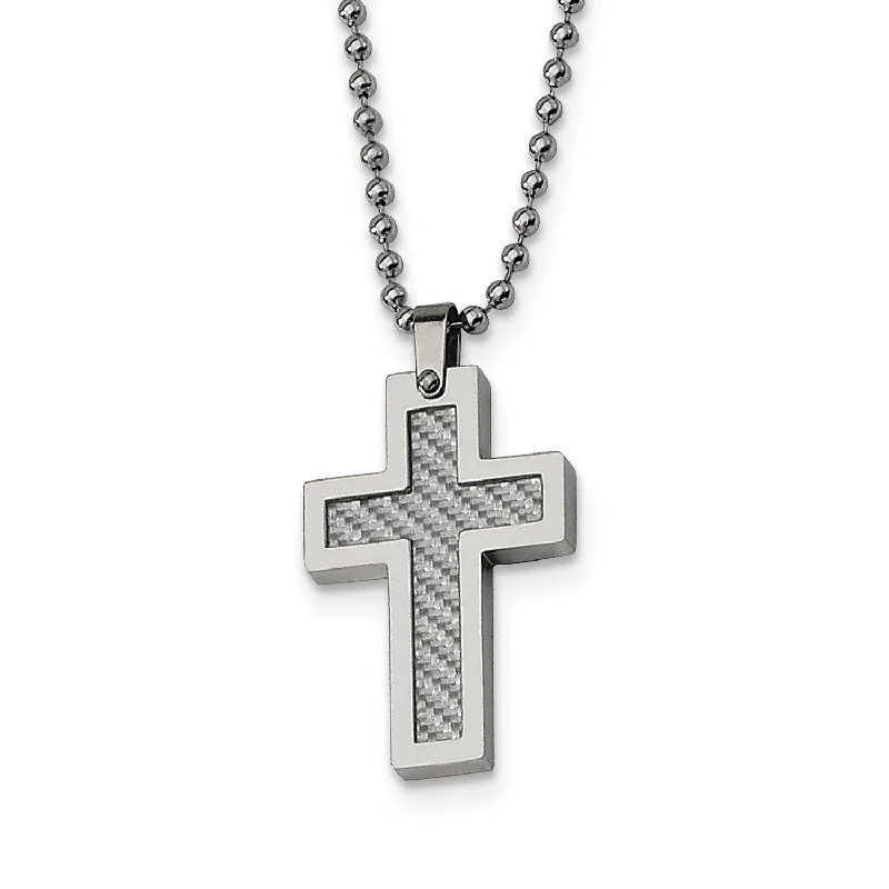 Stainless Steel Polished w/Grey Carbon Fiber Inlay Cross 22in Necklace