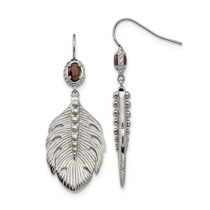 Stainless Steel Smoky Quartz Feather Earrings