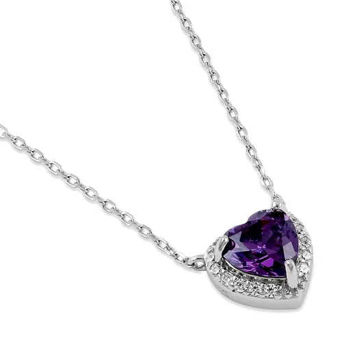 Sterling Silver Amethyst and Clear CZ Heart Halo Necklace