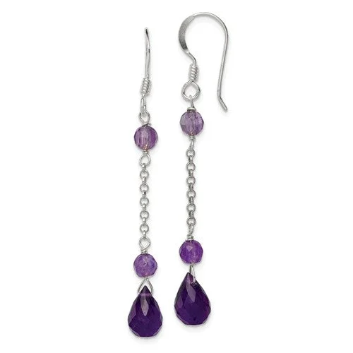 Sterling Silver Amethyst Briolette Long Dangle Earrings