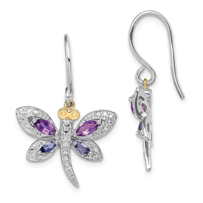 Sterling Silver And 14K Amethyst And Iolite And Diamond Dragonfly Earrings