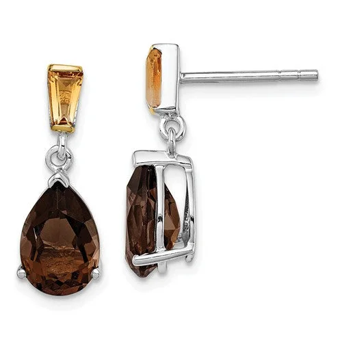 Sterling Silver And 14K Yellow Gold Smoky Quartz Pear And Citrine Earrings