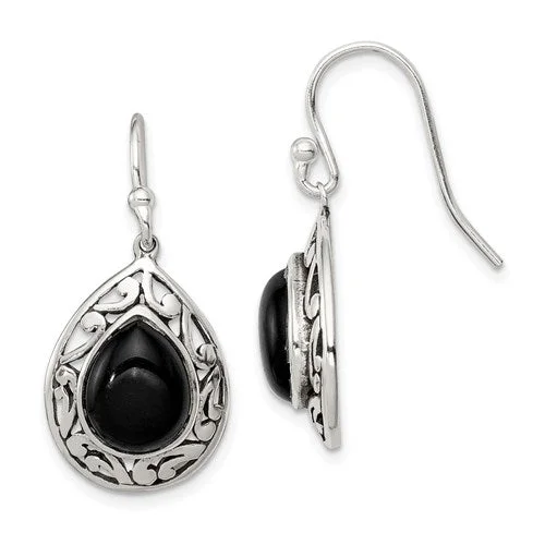 Sterling Silver Antiqued Finish Filigree Onyx Pear Dangle Earrings