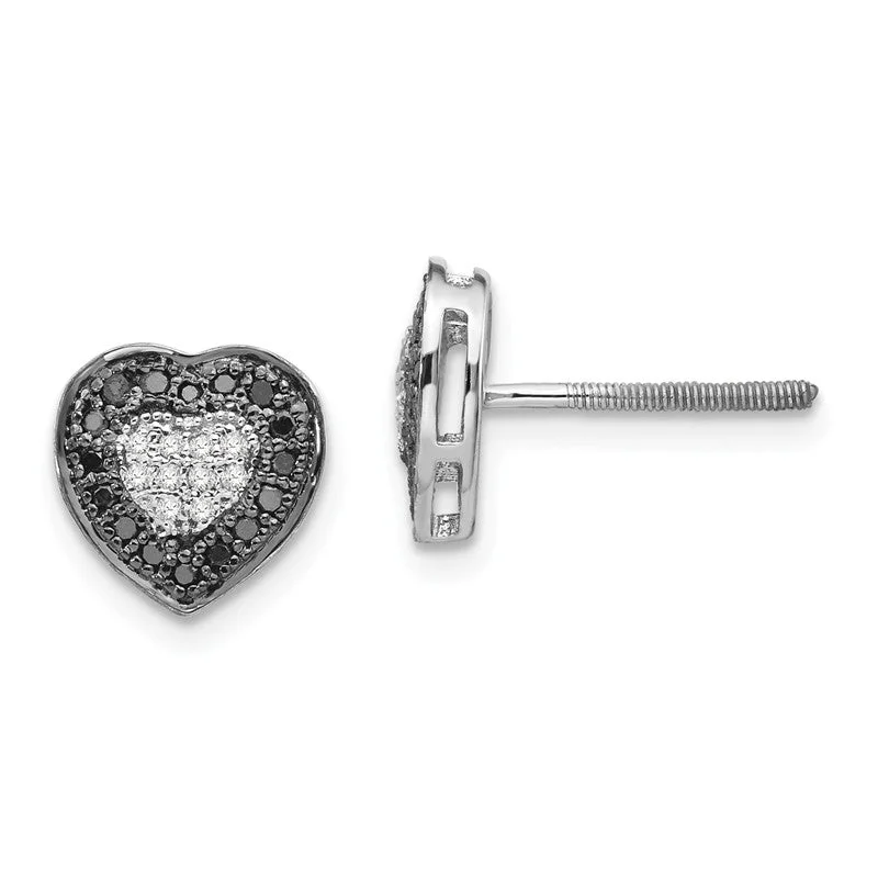 Sterling Silver Black And White Diamond Heart Halo Screw Back Earrings