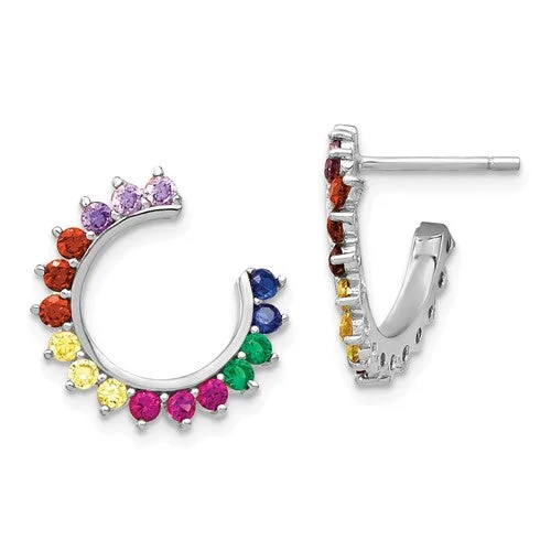 Sterling Silver Colorful Rainbow Open Side Hoop Earrings