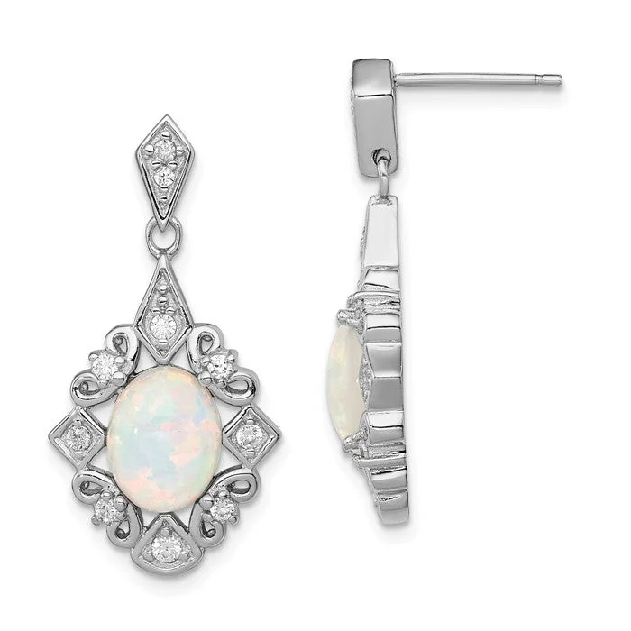 Sterling Silver Created Opal Oval And CZ Dangle Post Earrings