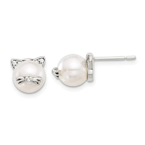 Sterling Silver CZ and Synthetic Pearl Cat Post Earrings