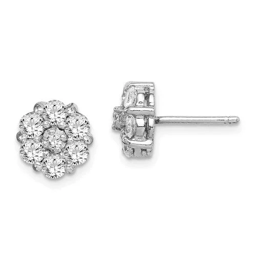 Sterling Silver CZ Cluster Flower 9mm Post Stud Earrings