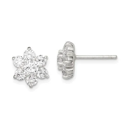 Sterling Silver CZ Flower 11mm Post Stud Earrings