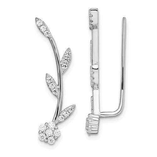 Sterling Silver CZ Flower and Stem Climber Earrings