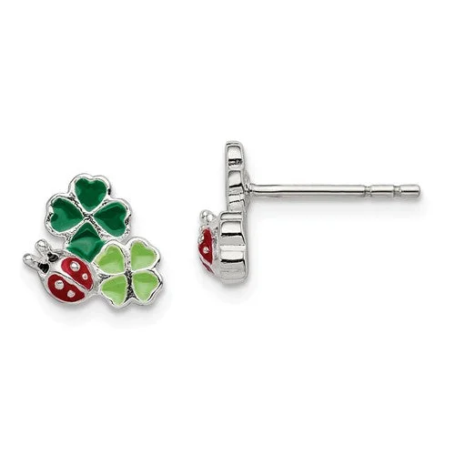 Sterling Silver Enamel Ladybug And 4 Lead Clovers Kid's Post Earrings