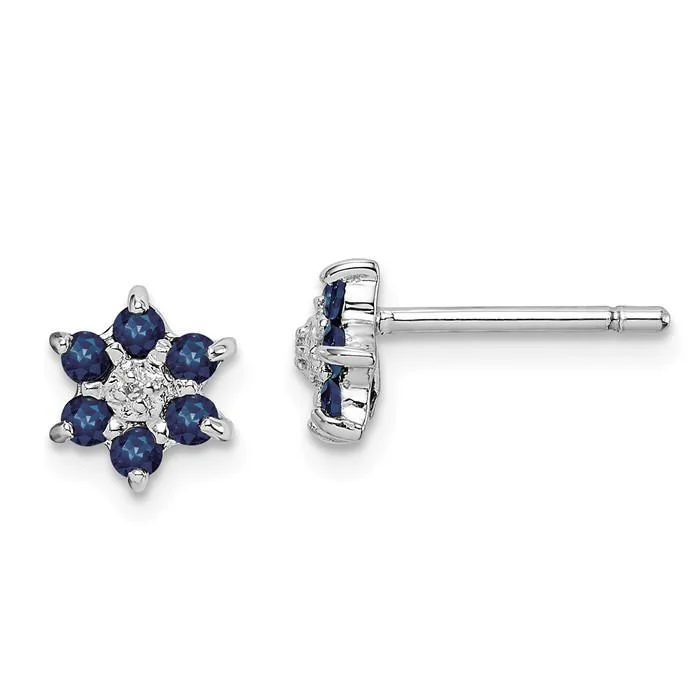 Sterling Silver Genuine Blue Sapphire And Diamond 6mm Flower Post Earrings