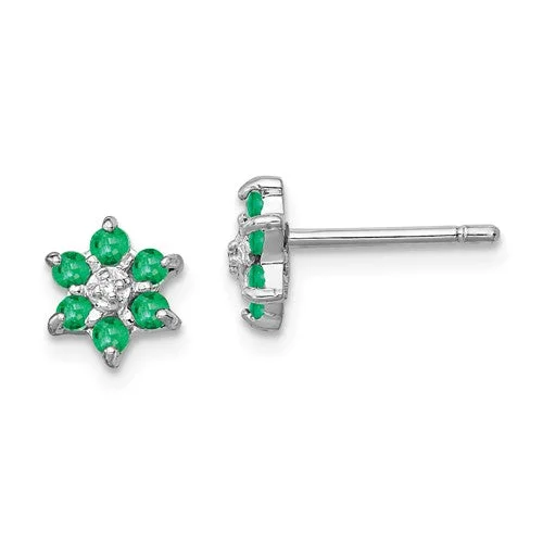 Sterling Silver Genuine Emerald And Diamond Post Earrings