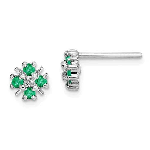 Sterling Silver Genuine Emerald And Diamond Post Earrings