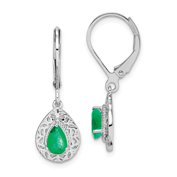 Sterling Silver Genuine Emerald Pear Teardrop Filigree Lever Back Earrings