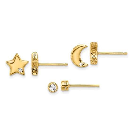 Sterling Silver Gold-tone CZ Moon Star and Round Set of 3 Post Earrings Set