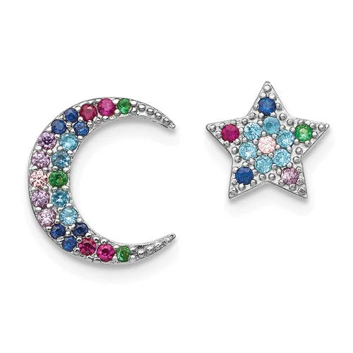 Sterling Silver Moon And Star Colorful CZ Post Earrings