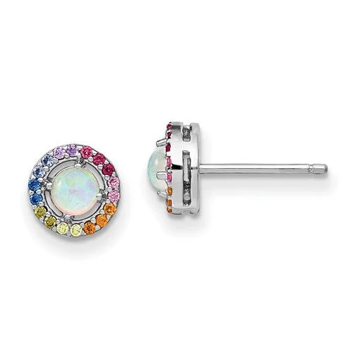 Sterling Silver Opal And Colorful Rainbow CZ Halo Earrings