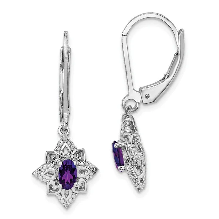 Sterling Silver Oval Amethyst & Diamond Leverback Earrings