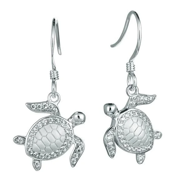 Sterling Silver Alamea Pave CZ Sea Turtle Dangle Earrings