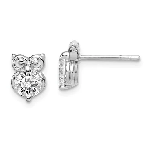 Sterling Silver Round Clear CZ Owl Post Stud Earrings