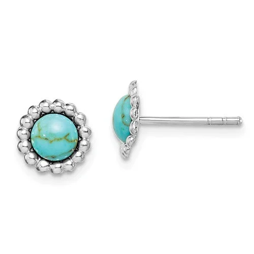 Sterling Silver Round Created Turquoise Beaded Post Earrings