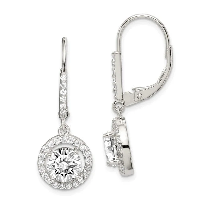 Sterling Silver Round Halo CZ Leverback Earrings