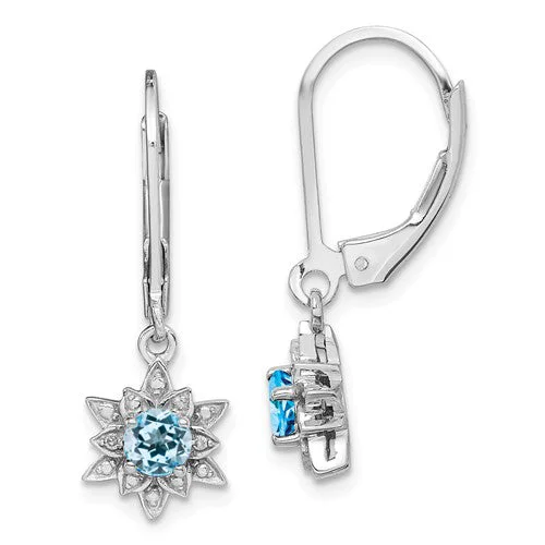 Sterling Silver Round Light Sky Blue Topaz & Diamond Lotus Flower Leverback Earrings