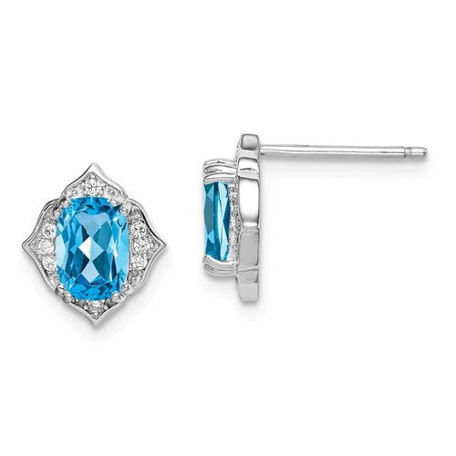 Sterling Silver Swiss Blue Topaz And White CZ Post Dangle Earrings