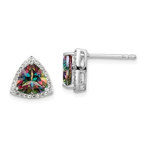 Sterling Silver Trillion Mystic Fire Rainbow Topaz & White Topaz Halo Earrings