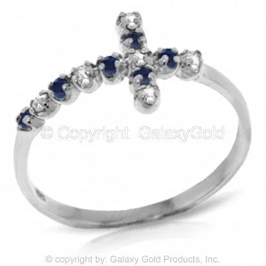 0.24 Carat 14K Solid White Gold Cross Ring Diamond & Sapphire