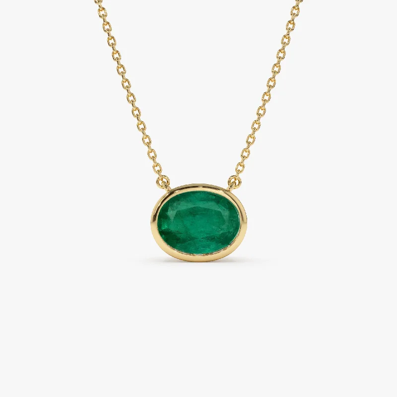 14k 1.55 - 2.20 Ctw Oval Shaped Bezel Setting Emerald Necklace