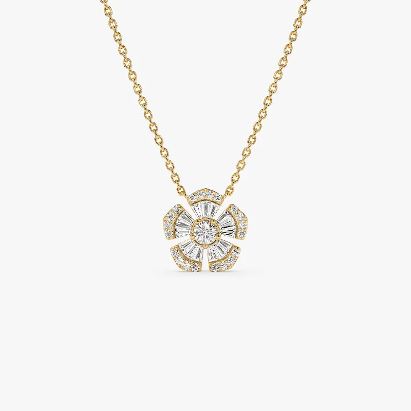 14k Baguette and Round Diamond Flower Necklace