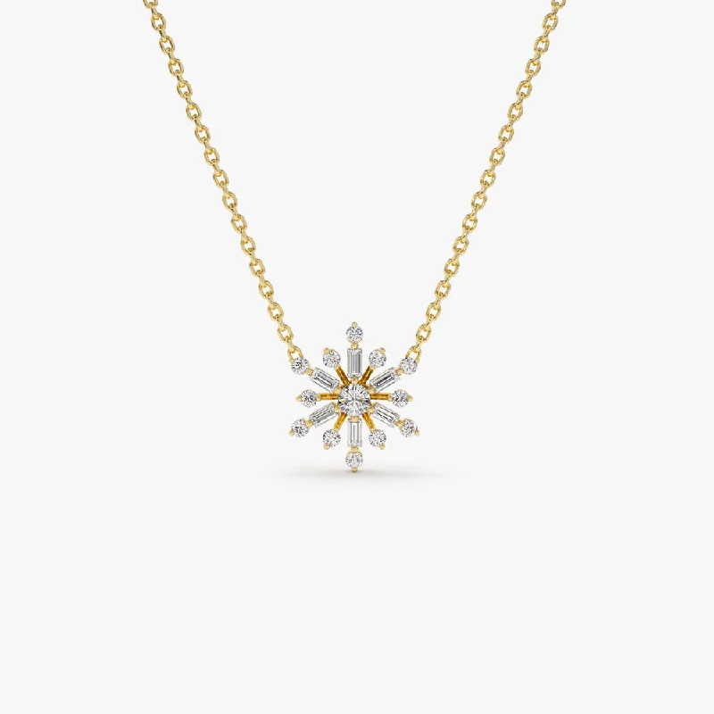 14k Baguette and Round Diamond Snowflake Necklace