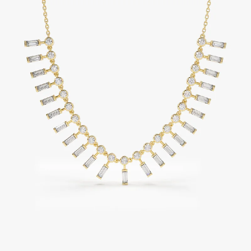 14k Baguette and Round Diamonds Statement Piece Necklace