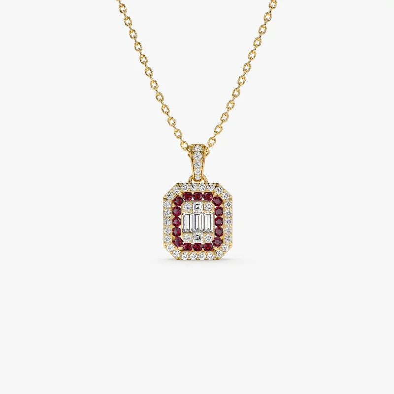 14k Baguette and Round Ruby Necklace with Halo Setting