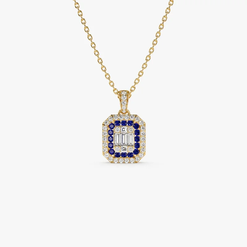 14k Baguette and Round Sapphire Necklace with Halo Setting