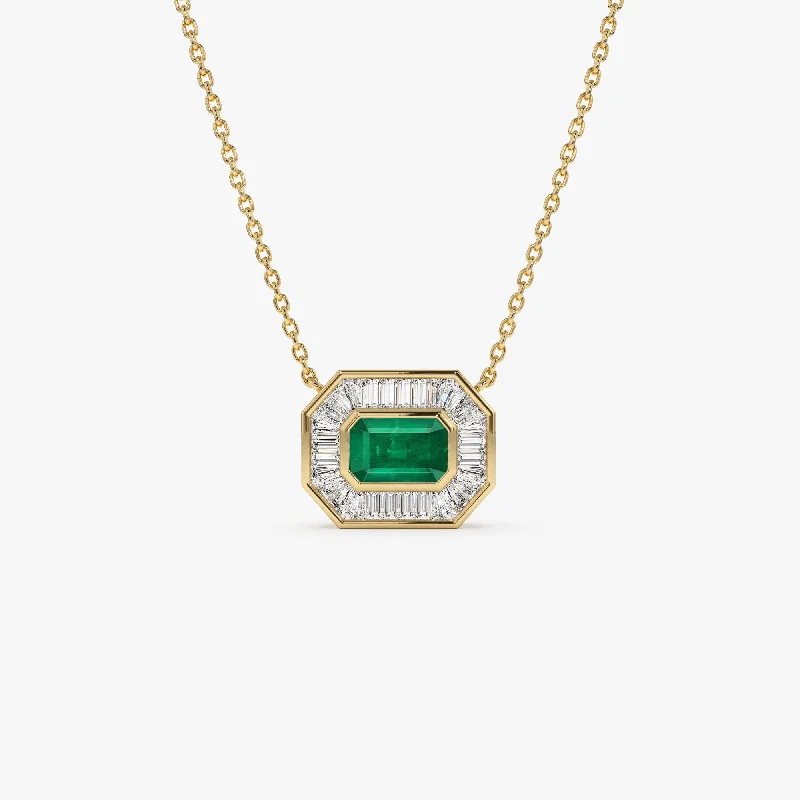 14k Baguette Halo Emerald Necklace