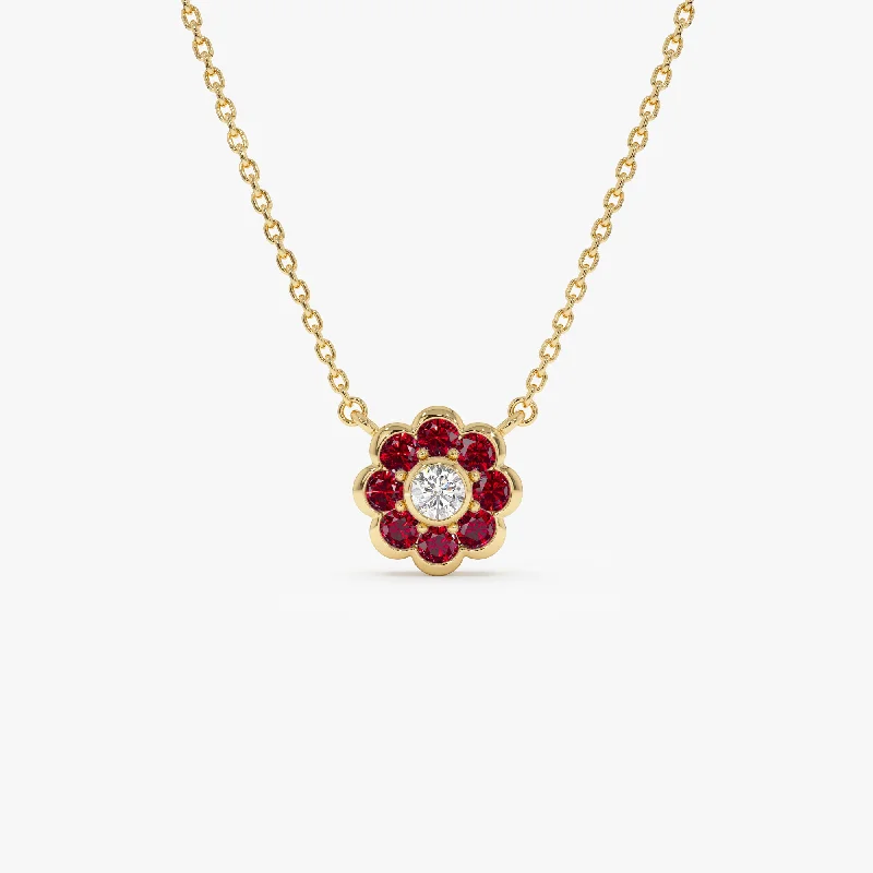 14K Bezel Setting Ruby Flower Diamond Necklace