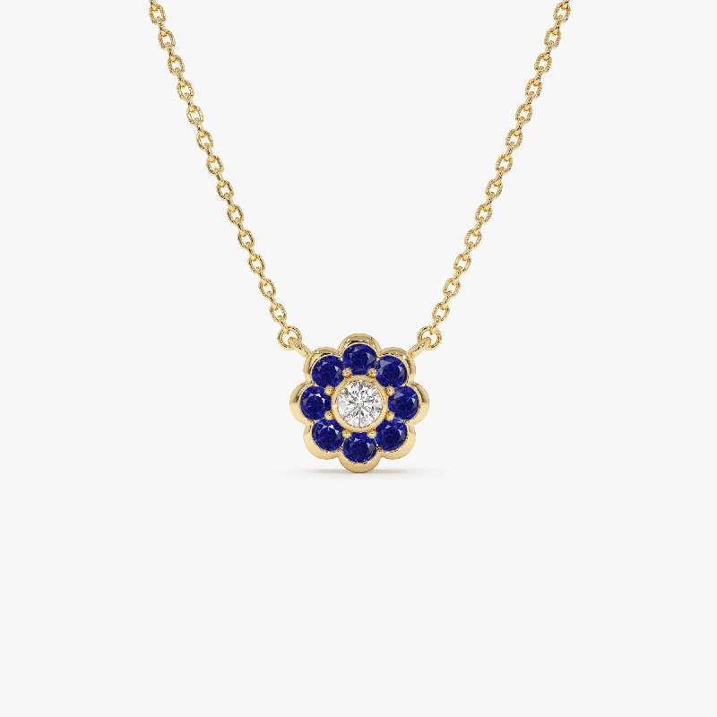 14K Bezel Setting Sapphire Flower Diamond Necklace