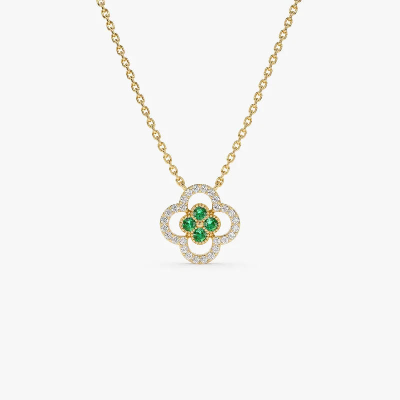 14k Emerald Clover Necklace in Halo Setting