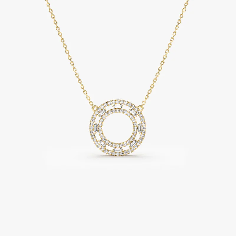 14k Full Circle Baguette & Round Diamond Necklace