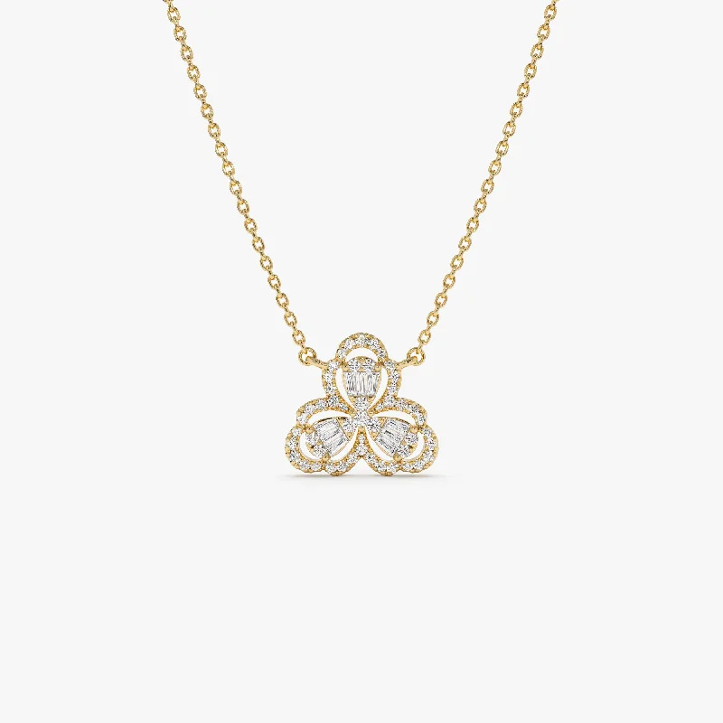 14K Gold Clover Baguette Diamond Necklace