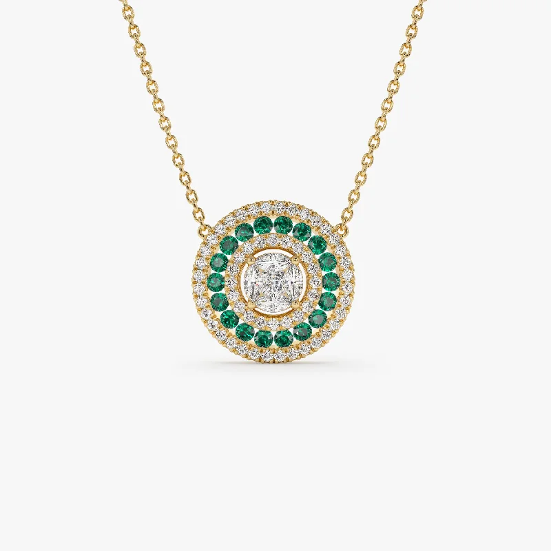 14K Gold Round Diamond Emerald Necklace