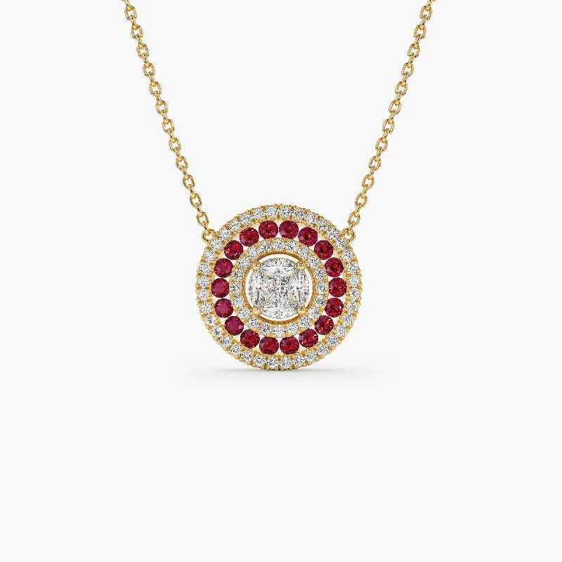 14K Gold Round Diamond Ruby Necklace