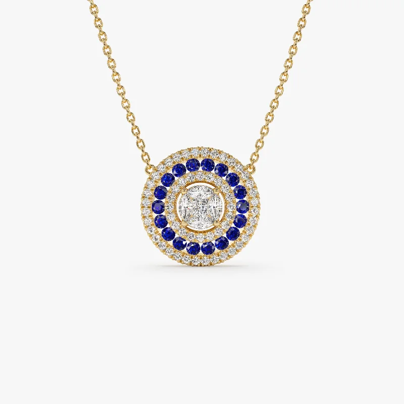 14K Gold Round Diamond Sapphire Necklace