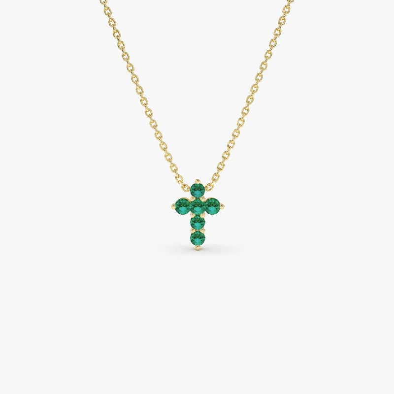 14K Tiny Emerald Cross Necklace