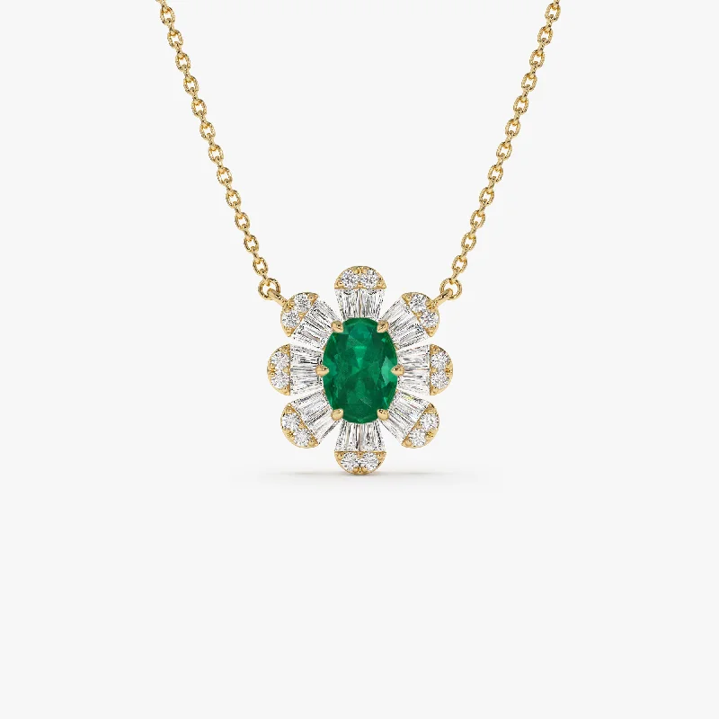 14k Oval Shape Emerald Necklace with Baguettes