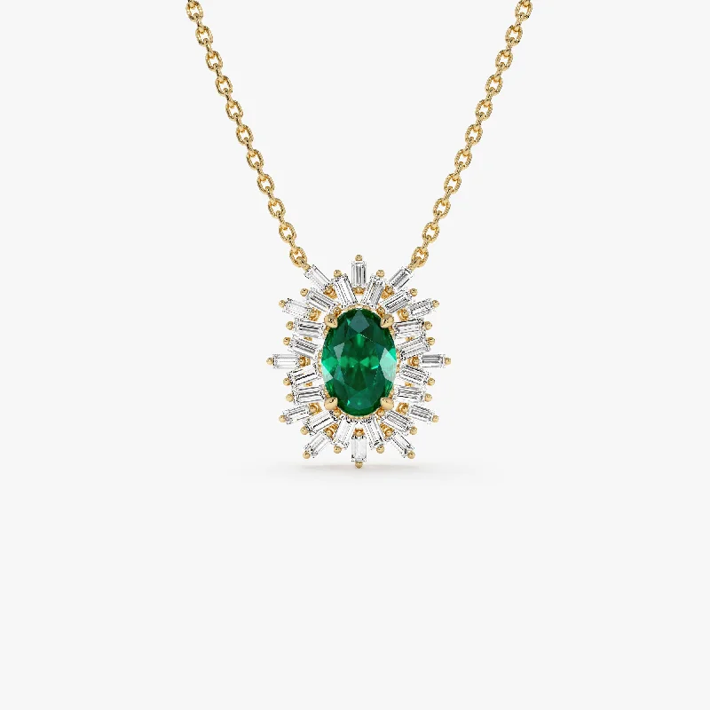 14k Oval Shape Emerald Necklace with Ballerina Baguettes